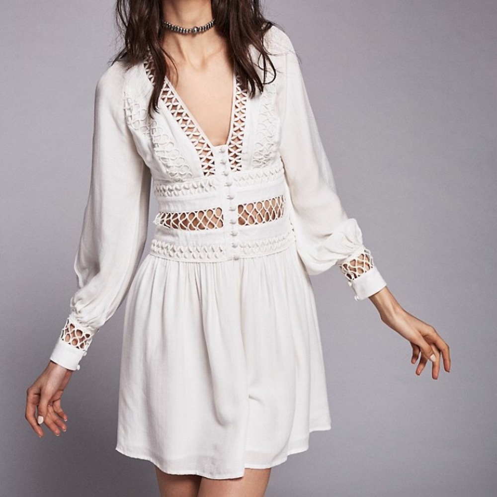 Free People Taupe Woven Crochet Inset Dress